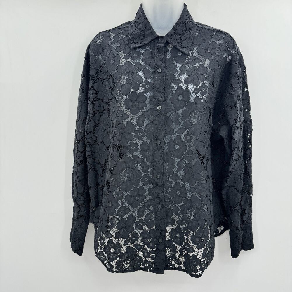 Express Lace Boyfriend Portofino Shirt Sz S Black Sheer Sexy Evening Long Slv